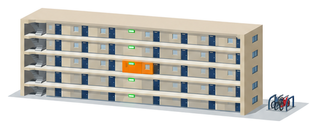 ５階建てのマンションの中の階に１戸だけオレンジ色の住戸があり全部の階の廊下に緑色の誘導灯が光っているイラスト