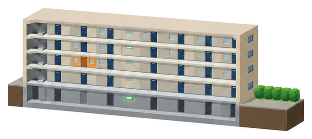 地階のある４階建てのマンションに小さなオレンジ色の住戸が１戸だけあり緑色の誘導灯は地階の廊下だけに光っているイラスト