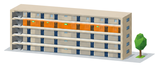 ５階建てのマンションの４階の住戸がすべてオレンジ色で緑色の誘導灯はその階の廊下だけに光っているイラスト