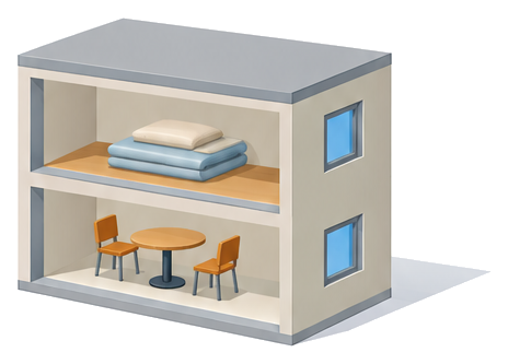 ２階建ての建物の１階にカフェーの席２階に旅館の寝具が見え両階とも窓が開いているイメージ