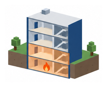 地階で出火した場合に警報が地階全域へ広がる範囲を示す図
