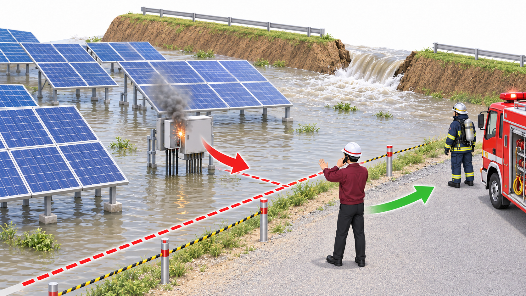 冠水した太陽光発電設備で安全距離を確保する図