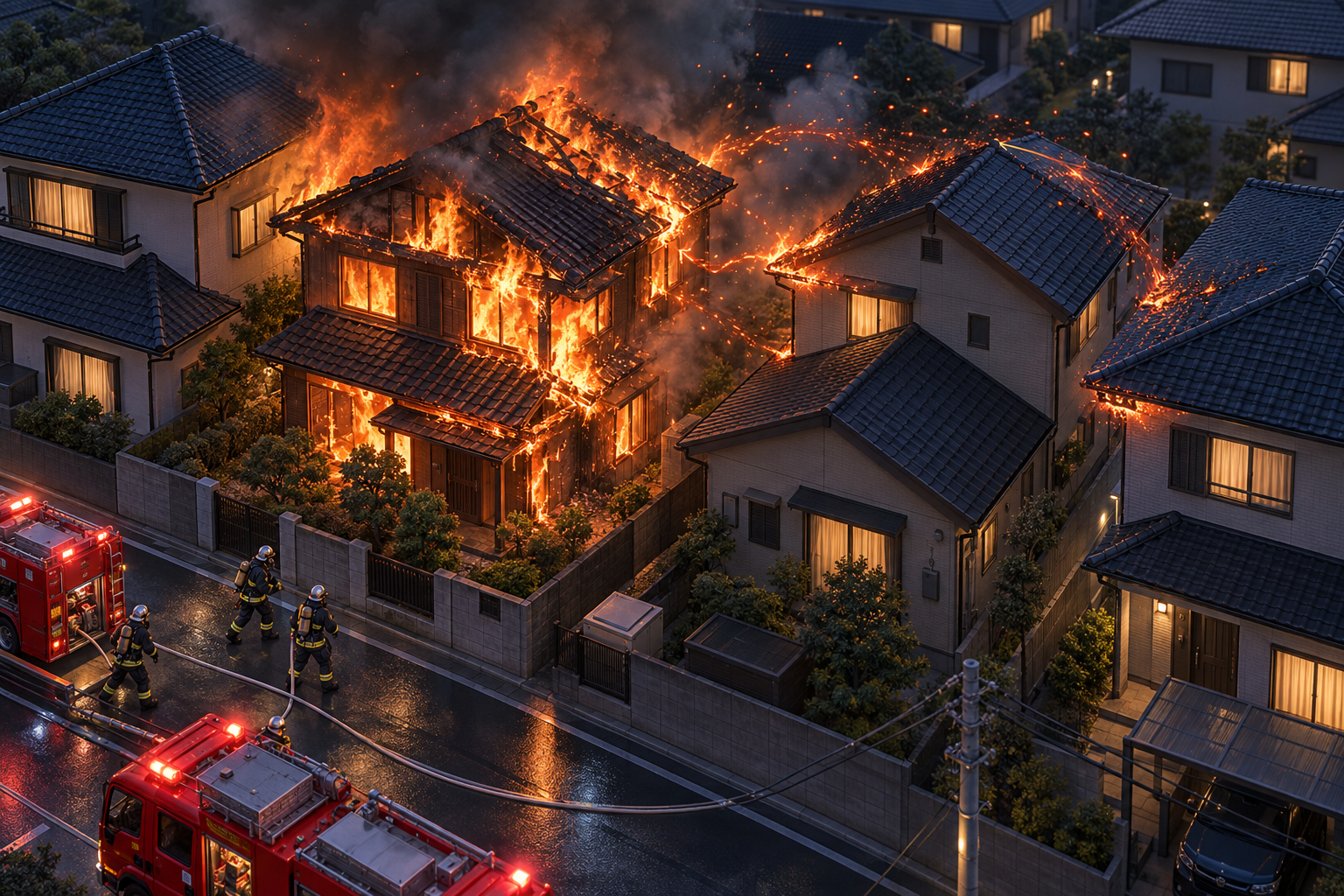 夜間の住宅火災が隣家へ延焼し消防隊が活動する状況