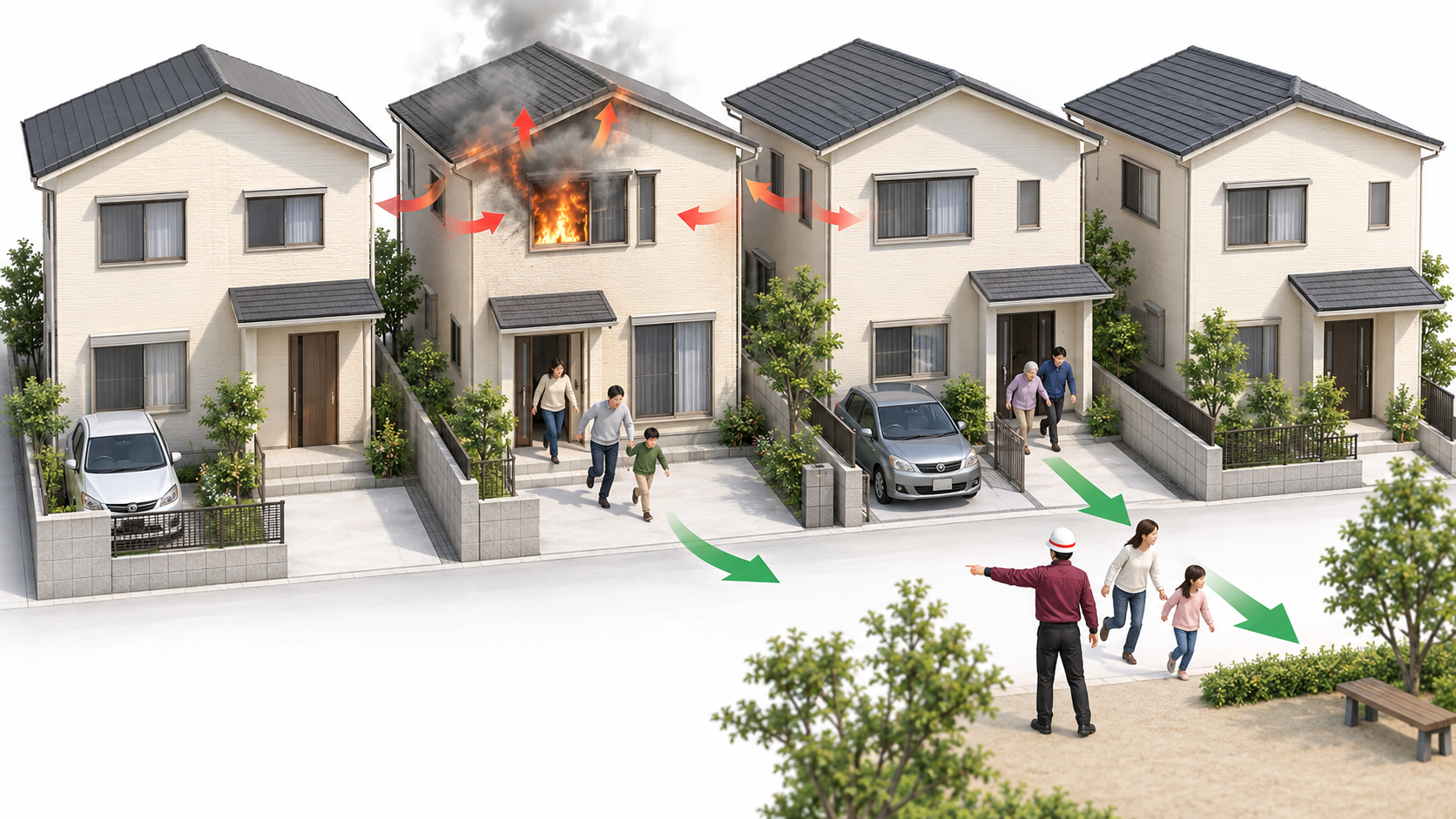 住宅街で火災の早期発見から隣家への延焼防止と避難までを示す図