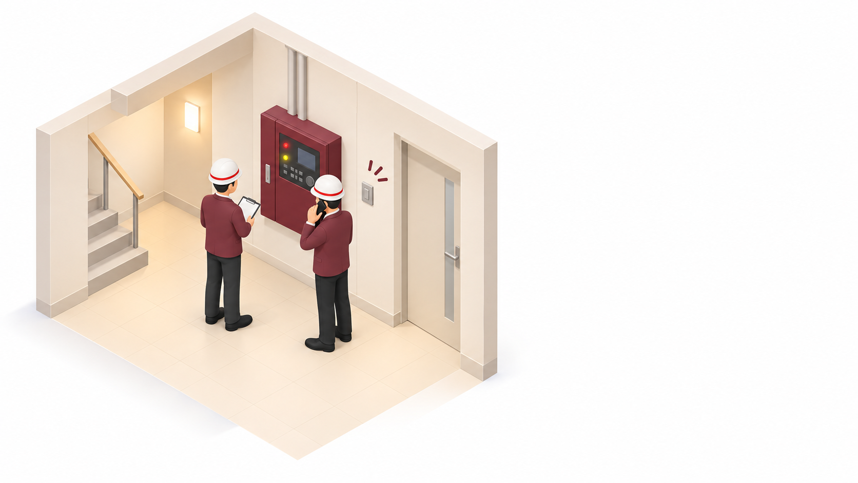 表示異常を見つけた施設管理者が電源に触れず専門窓口へ連絡する概念図