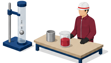 鋼球を落とす試験装置と赤りんの容器を観察する作業服姿の人物のイラスト
