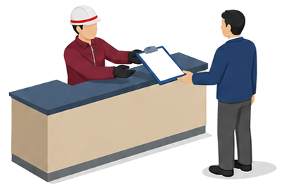 受付カウンターで書類を手渡す作業服姿の人物のイラスト